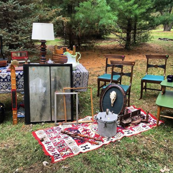 A variety of thrifted and vintage furniture on a lawn in Chicago for sale