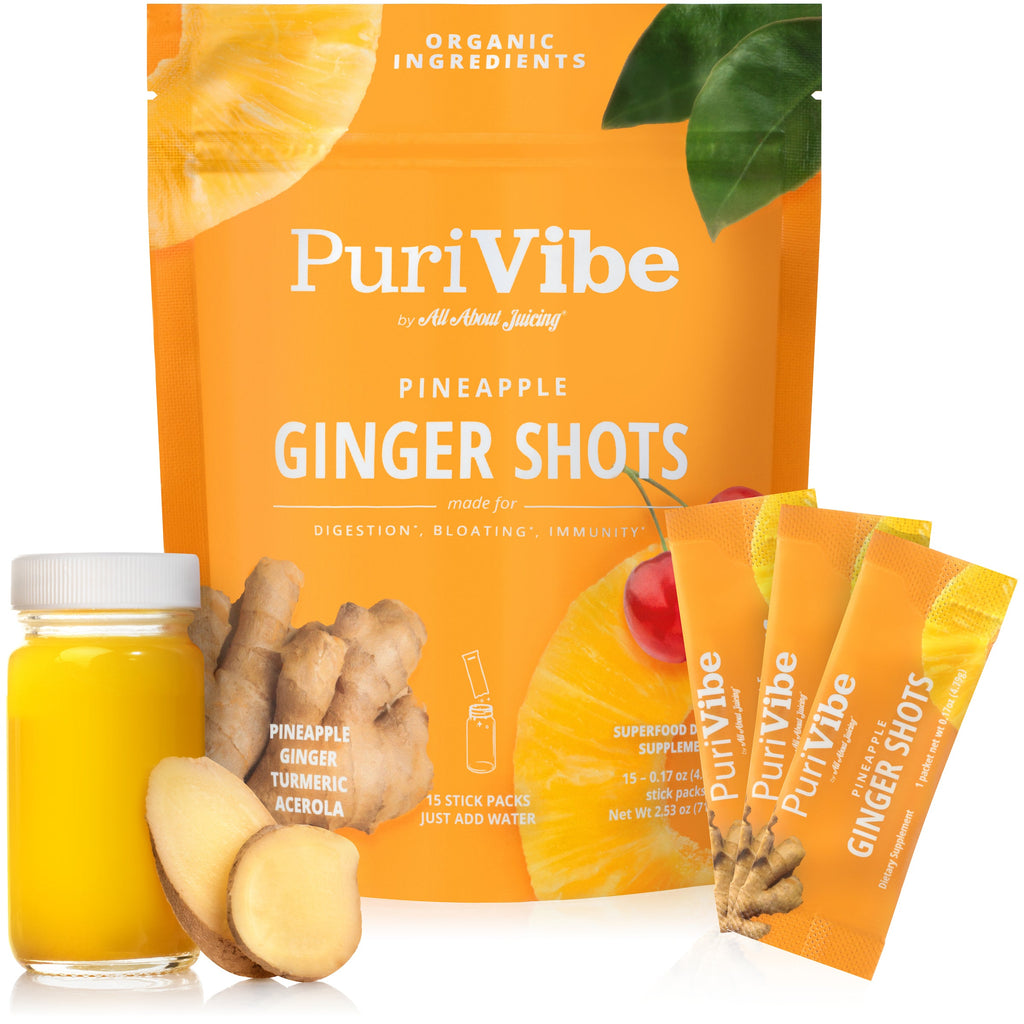 PuriVibe Pineapple Ginger Shot - Superfood Juice Powder, Wellness Shots Supplement - Supports Immunity & Digestion - Stick Packs