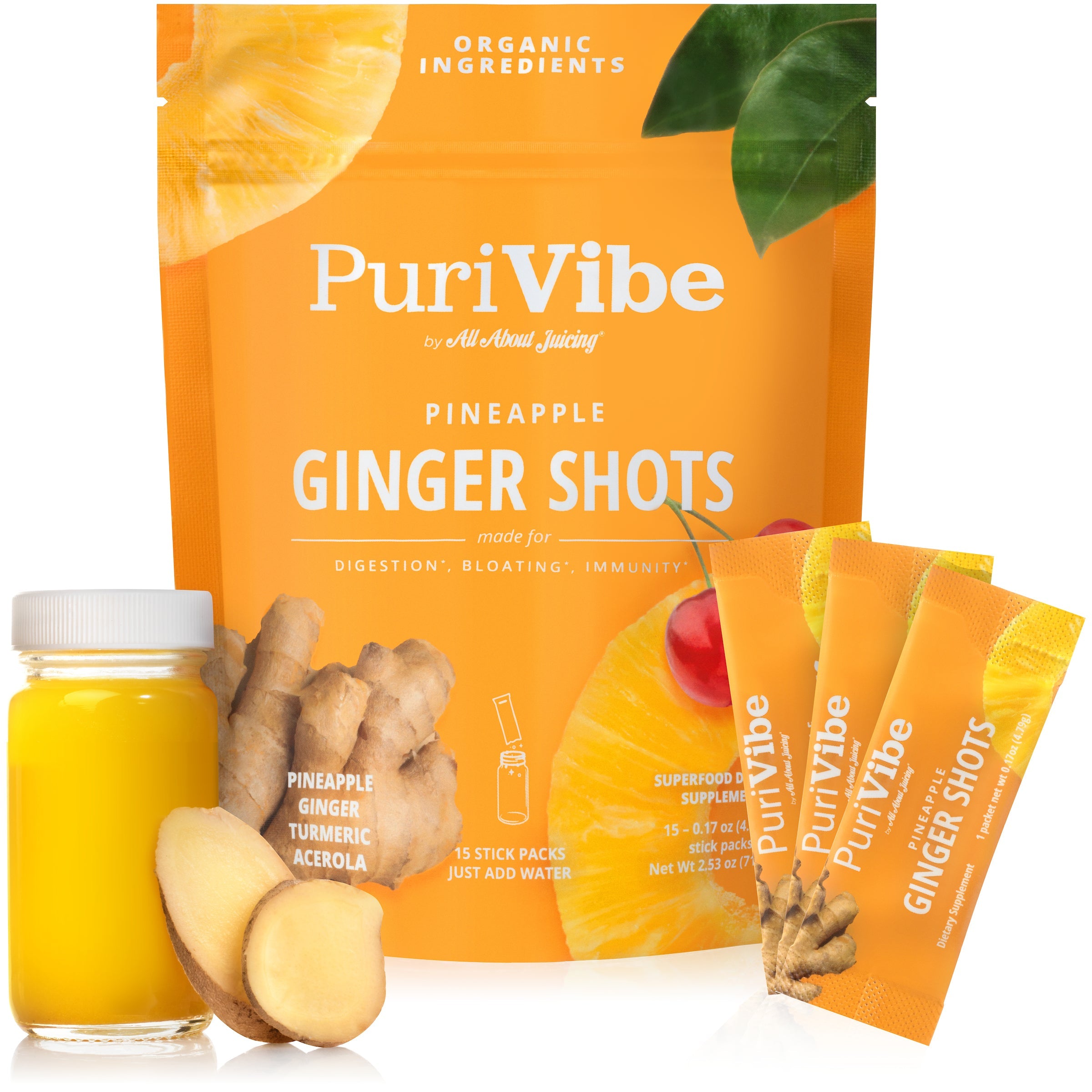 PuriVibe Pineapple Ginger Shot - Superfood Juice Powder, Wellness Shots Supplement - Supports Immunity & Digestion - Stick Packs