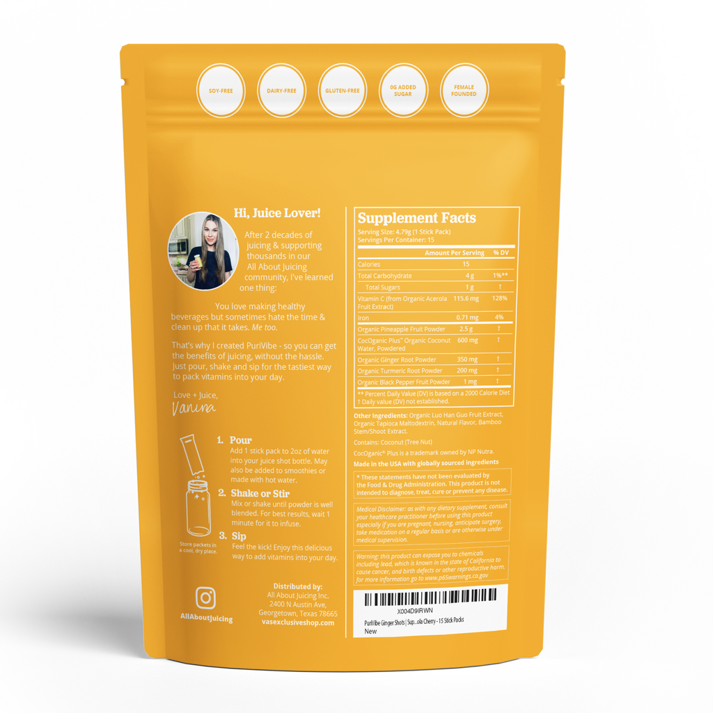 PuriVibe Pineapple Ginger Shot - Superfood Juice Powder, Wellness Shots Supplement - Supports Immunity & Digestion - Stick Packs