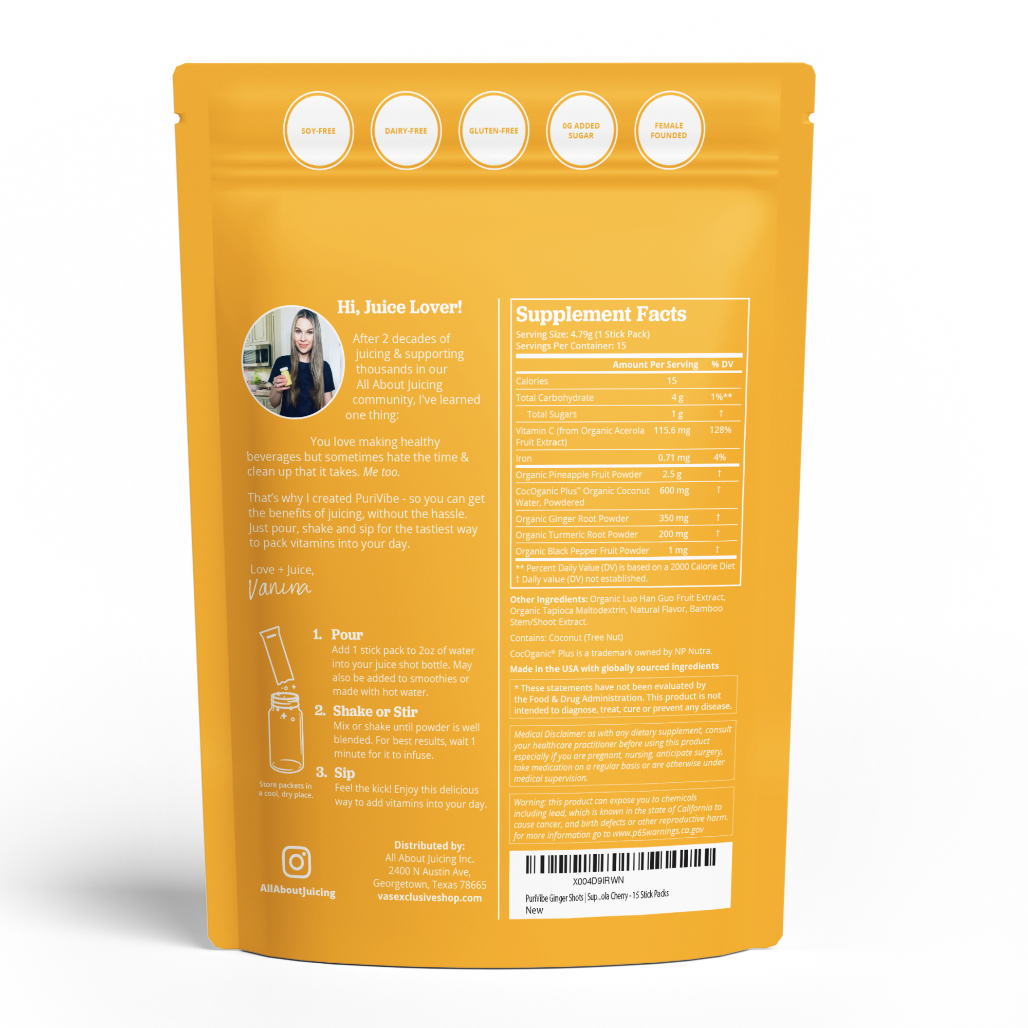 PuriVibe Pineapple Ginger Shot - Superfood Juice Powder, Wellness Shots Supplement - Supports Immunity & Digestion - Stick Packs