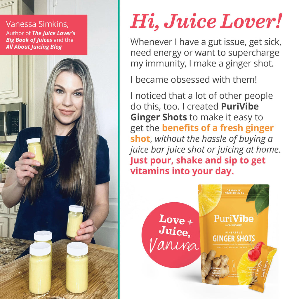 PuriVibe Pineapple Ginger Shot - Superfood Juice Powder, Wellness Shots Supplement - Supports Immunity & Digestion - Stick Packs