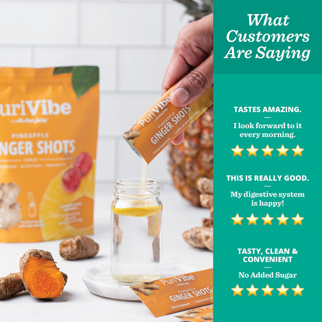 PuriVibe Pineapple Ginger Shot - Superfood Juice Powder, Wellness Shots Supplement - Supports Immunity & Digestion - Stick Packs