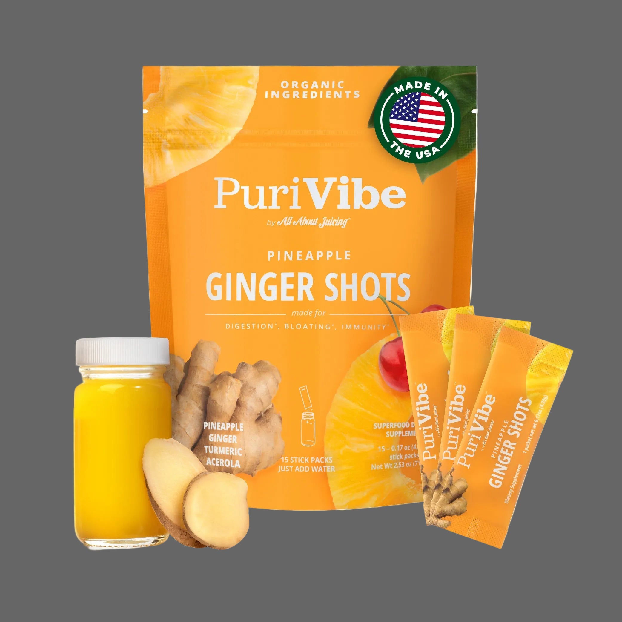 PuriVibe Pineapple Ginger Shot - Superfood Juice Powder, Wellness Shots Supplement - Supports Immunity & Digestion - Stick Packs