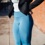 Women's Sustainable Athletic Leggings, Made in USA - Sky