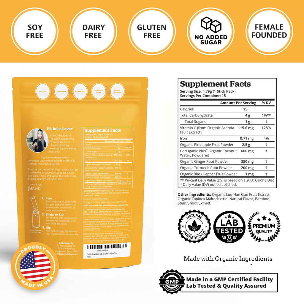 PuriVibe Pineapple Ginger Shot - Superfood Juice Powder, Wellness Shots Supplement - Supports Immunity & Digestion - Stick Packs