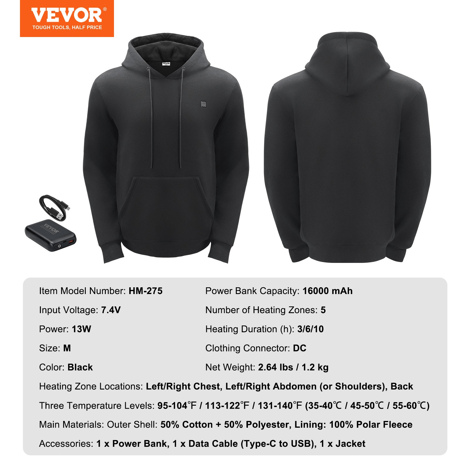 VEVOR Heated Hoodie with Battery - Unisex, Black (Medium)